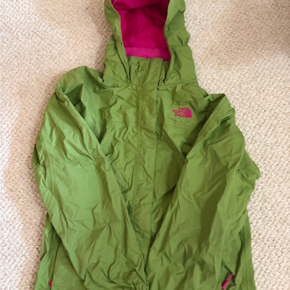 The North Face Kids' girl’s Green pink Hooded Rain Jacket with Pockets-Nylon